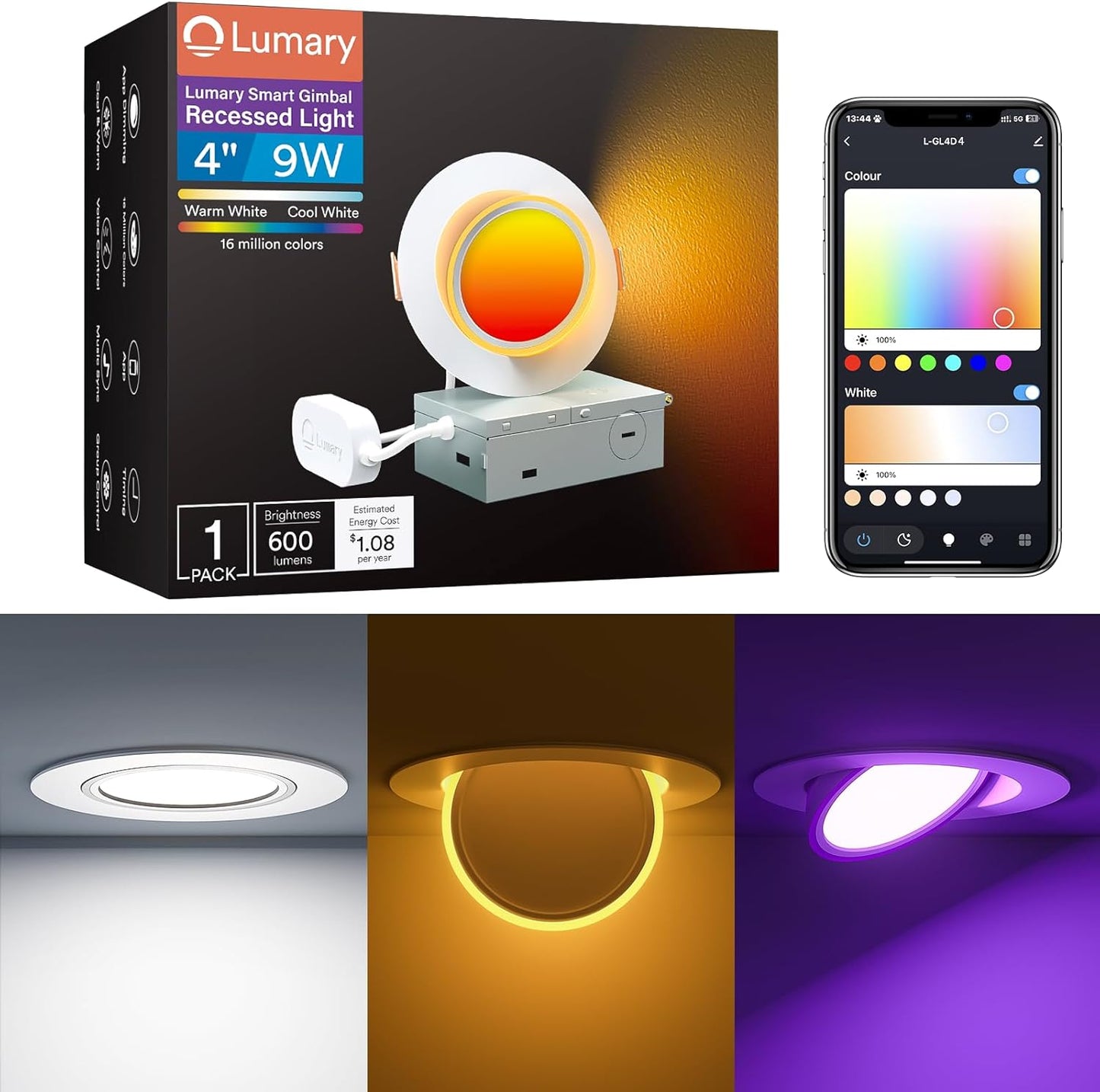 Lumary 4 Inch Smart Gimbal Recessed Lighting Ultra with 2200k Night Light，270°+90°Rotatable LED Recessed Lights, 9W 600LM Angled Adjustable LED Downlight, Works with Alexa & Google Assistant，4Pack