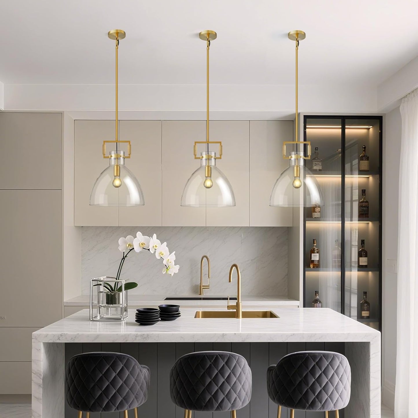 Mondern Large Brass Kitchen Island Pendant Light, 14 '' W 1-Light Glass and Gold Island Pendant Lights,Farmhouses Pendant Light, for Kitchen,Dining Room,Bathroom,Included 2 Bulb