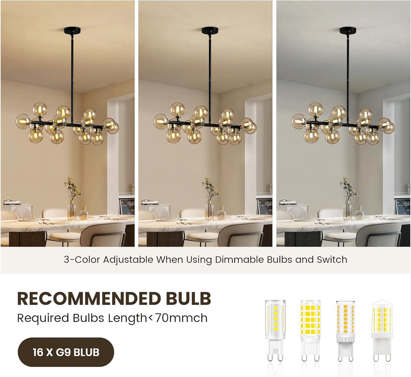 Mid Century Modern Chandeliers for Dining Room, 39" Linear Pendant Light Fixtures with Amber Glass Globe, 16-Light Sputnik Hanging Light for Living Room Kitchen Island