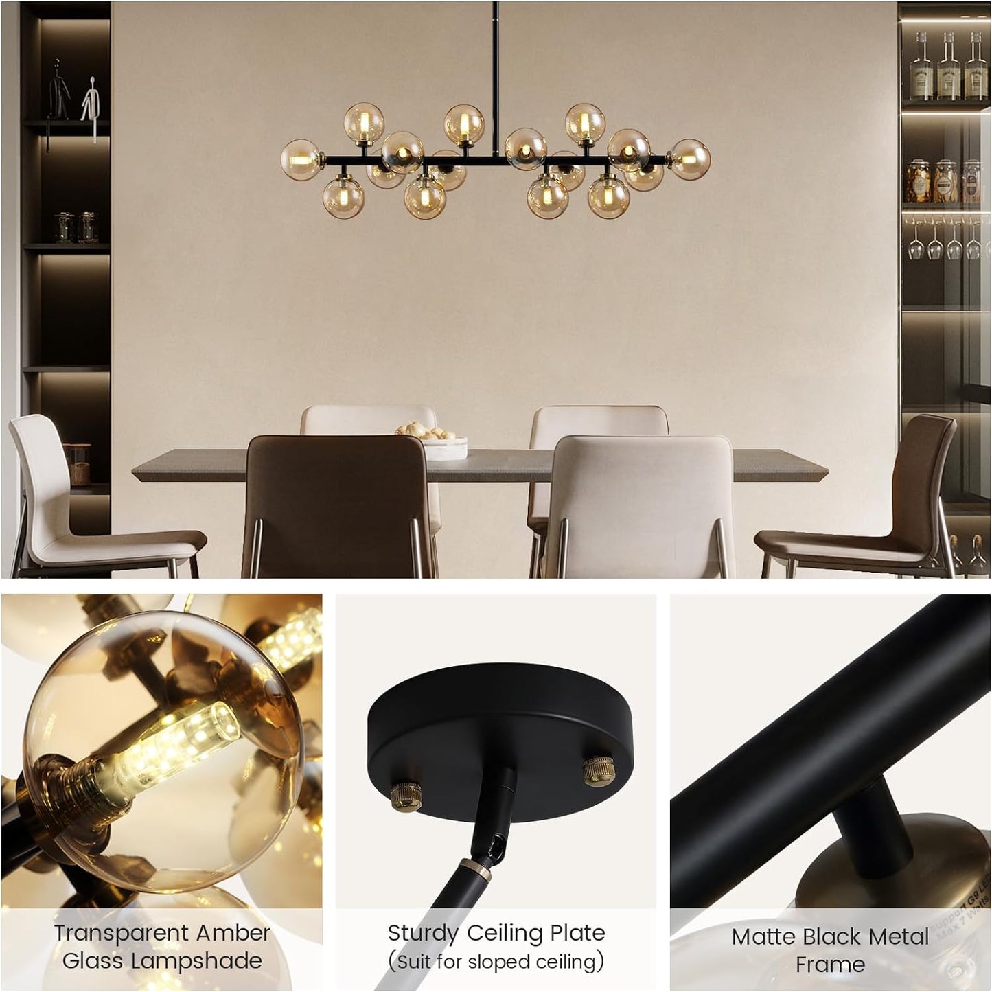 Mid Century Modern Chandeliers for Dining Room, 39" Linear Pendant Light Fixtures with Amber Glass Globe, 16-Light Sputnik Hanging Light for Living Room Kitchen Island