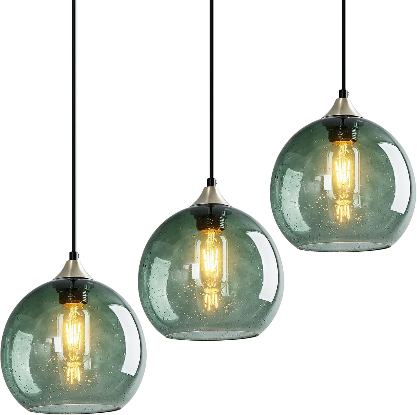 Gray Green Glass Pendant Lights Kitchen Island Lighting Globe Pendant Light Fixtures Modern Pendant Lighting for Kitchen Island Bedroom Living Dining Room Light Fixture(9.84in, 3-Pack)