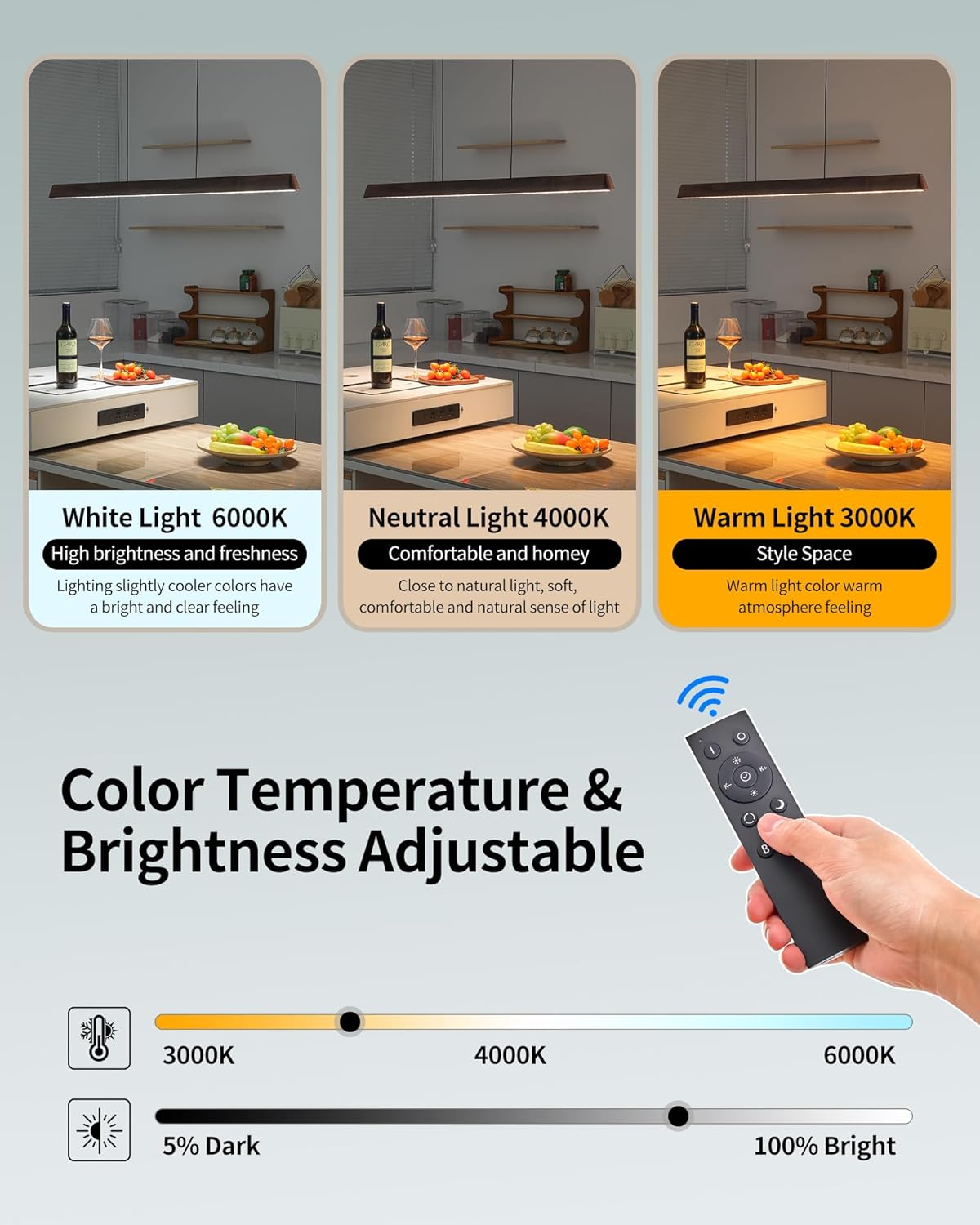 59" Wood Linear Pendant Light, Dimmable Kitchen Island Lighting with Remote, 30W LED Island Lights for Kitchen, Adjustable Linear Chandelier for Dinning Room Light Fixture, Bar, Pool Table Light