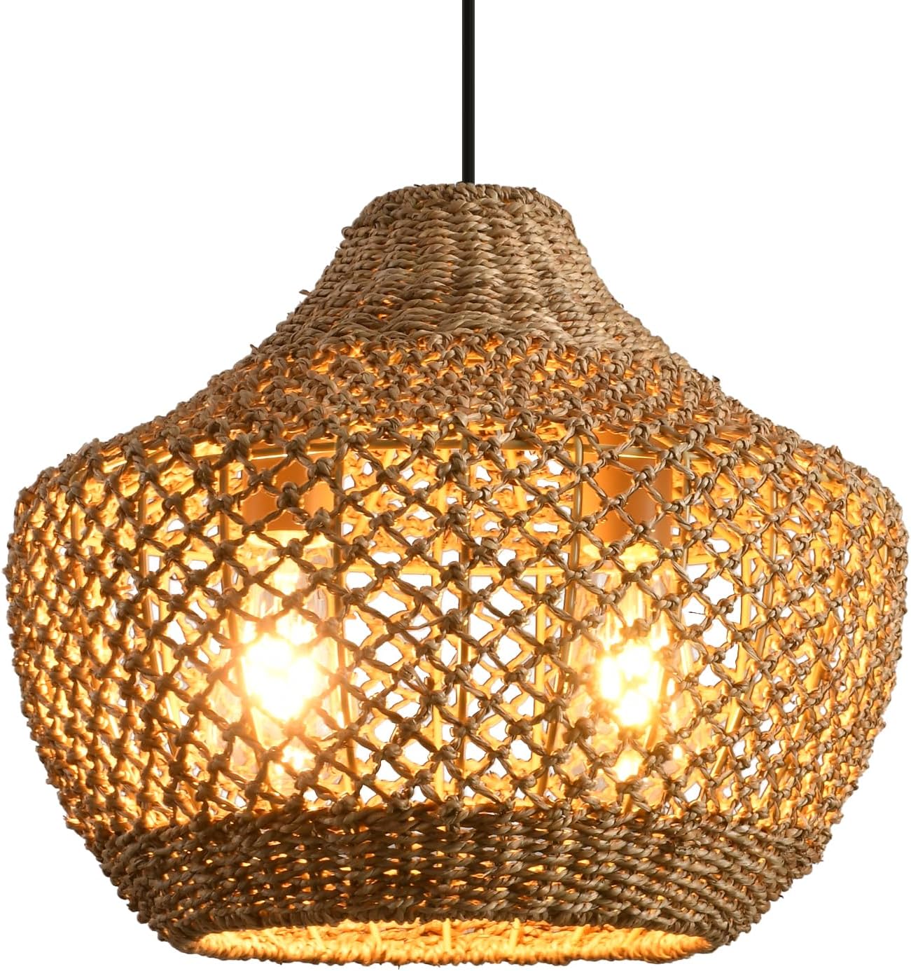 Rattan Pendant Light Fixtures,11.81" Boho Pendant Light,2-Pack Hand Woven Water Plants Rattan Chandelier for Workplace Occasions Restaurants Dining Living Bedroom Kitchen Farmhouse