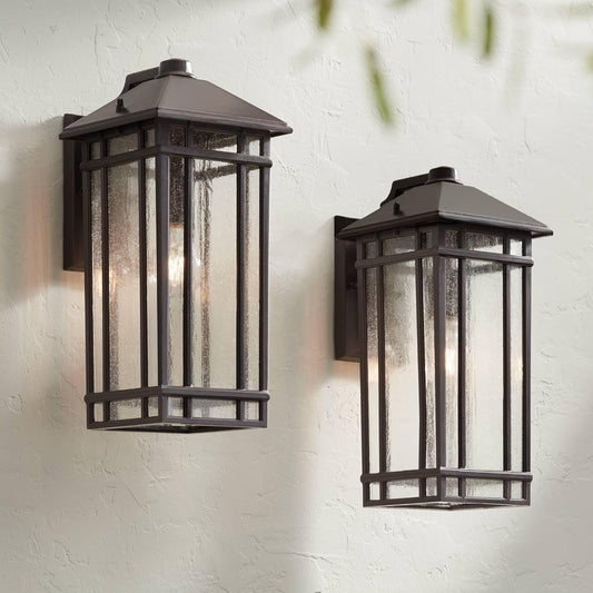 kathy ireland Sierra Craftsman 16 1/2" High Farmhouse Rustic Outdoor Wall Light Fixture Mount Porch House Exterior Outside Lantern Set of 2 Weatherproof Oil Rubbed Bronze Metal Seeded Glass Shade