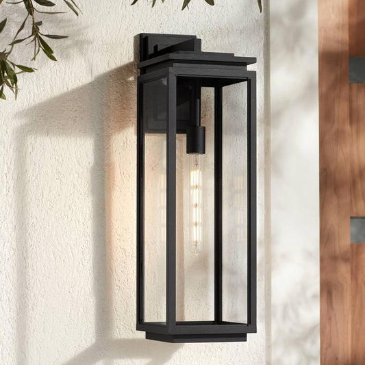 Possini Euro Design Atkins 24" High Modern Outdoor Wall Light Fixture Mount Porch House Exterior Outside Lantern Edison Bulb Weatherproof Matte Black Die Cast Metal Clear Glass Shade Front Door