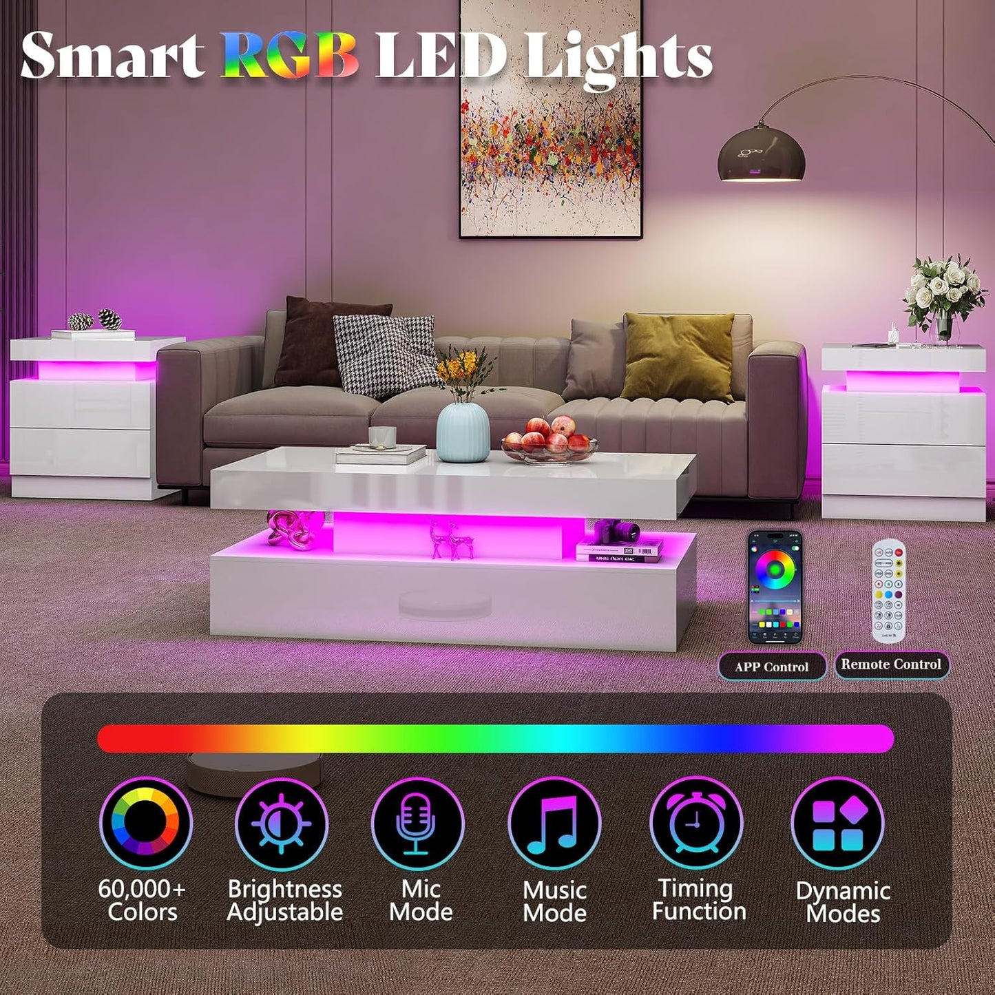 AMERLIFE High Gloss LED Nightstand Set of 2 with Charging Station, Modern Bedside Table Night Stand with LED Lights, Sofa End Side Tables with Drawers for Bedroom Living Room, White