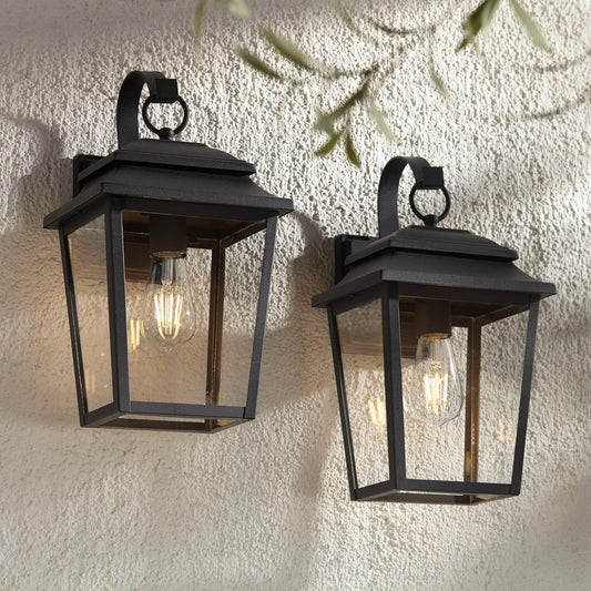 John Timberland Bellis Verde Modern Outdoor Wall Light Fixtures Set of 2 Textured Black Lantern Frame 15 1/4" Clear Glass Panels for Post Exterior Barn Deck House Porch Yard Patio Garage Garden