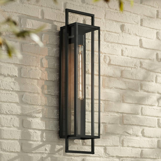 Possini Euro Design Jericho 28" High Modern Farmhouse Rustic Outdoor Wall Light Fixture Mount Porch House Exterior Outside Lantern Edison Bulb Textured Black Finish Metal Clear Glass Shade