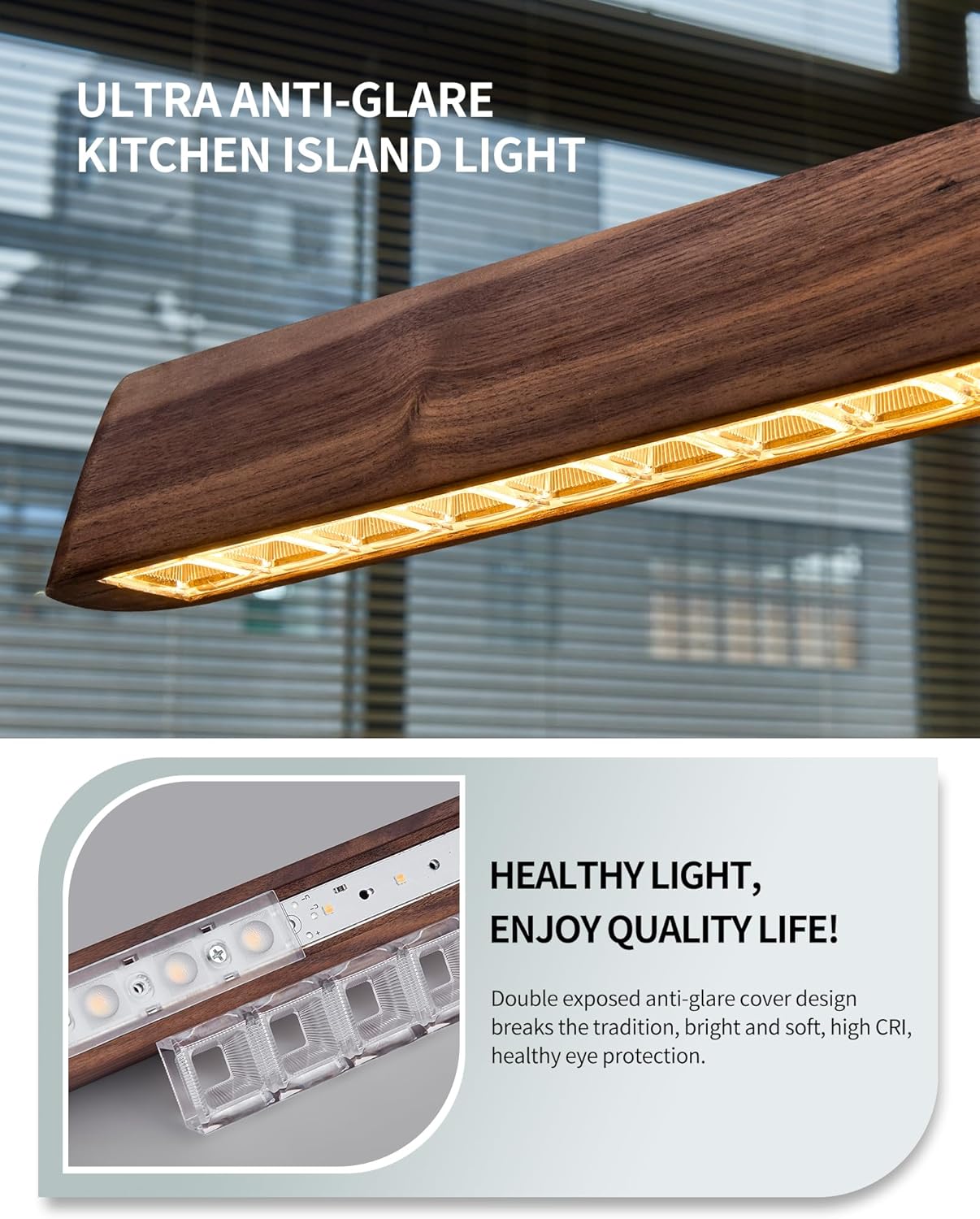 59" Wood Linear Pendant Light, Dimmable Kitchen Island Lighting with Remote, 30W LED Island Lights for Kitchen, Adjustable Linear Chandelier for Dinning Room Light Fixture, Bar, Pool Table Light