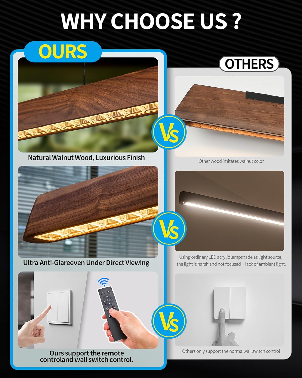 59" Wood Linear Pendant Light, Dimmable Kitchen Island Lighting with Remote, 30W LED Island Lights for Kitchen, Adjustable Linear Chandelier for Dinning Room Light Fixture, Bar, Pool Table Light