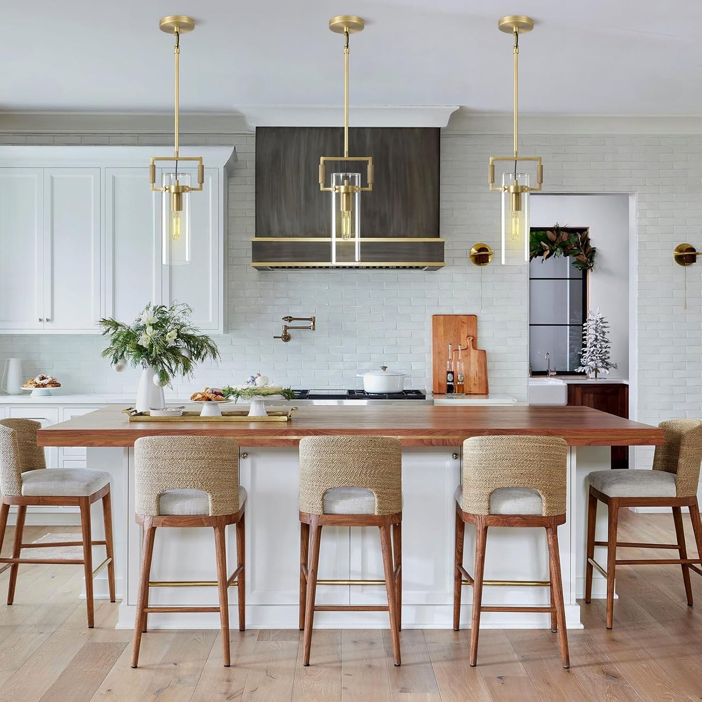 Brass Pendant Lights Kitchen Island, Modern Gold Pendant Lights 2 Pack,12Inch Glass Knurled Kitchen Pendant Lighting Over Island,Farmhouse Island Lights For Kitchen Sink,Bathroom,Bedroom,Dinning Table