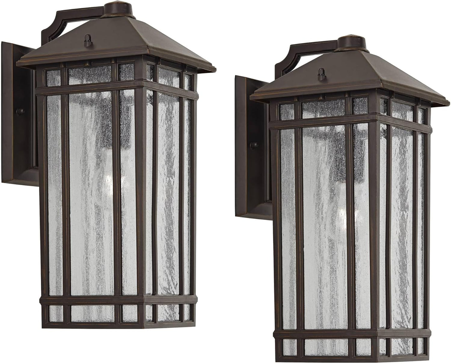 kathy ireland Sierra Craftsman 16 1/2" High Farmhouse Rustic Outdoor Wall Light Fixture Mount Porch House Exterior Outside Lantern Set of 2 Weatherproof Oil Rubbed Bronze Metal Seeded Glass Shade