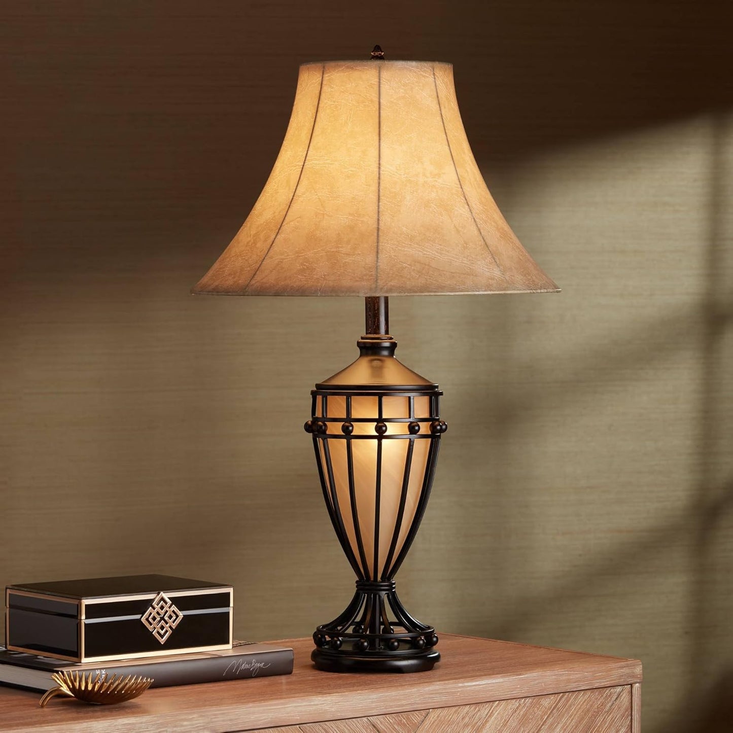 Franklin Iron Works Cardiff Traditional Table Lamp 33" Tall with Night Light Brushed Iron Cage Champagne Urn Glass Beige Bell Flared Shade for Bedroom Living Room House Bedside Nightstand Office