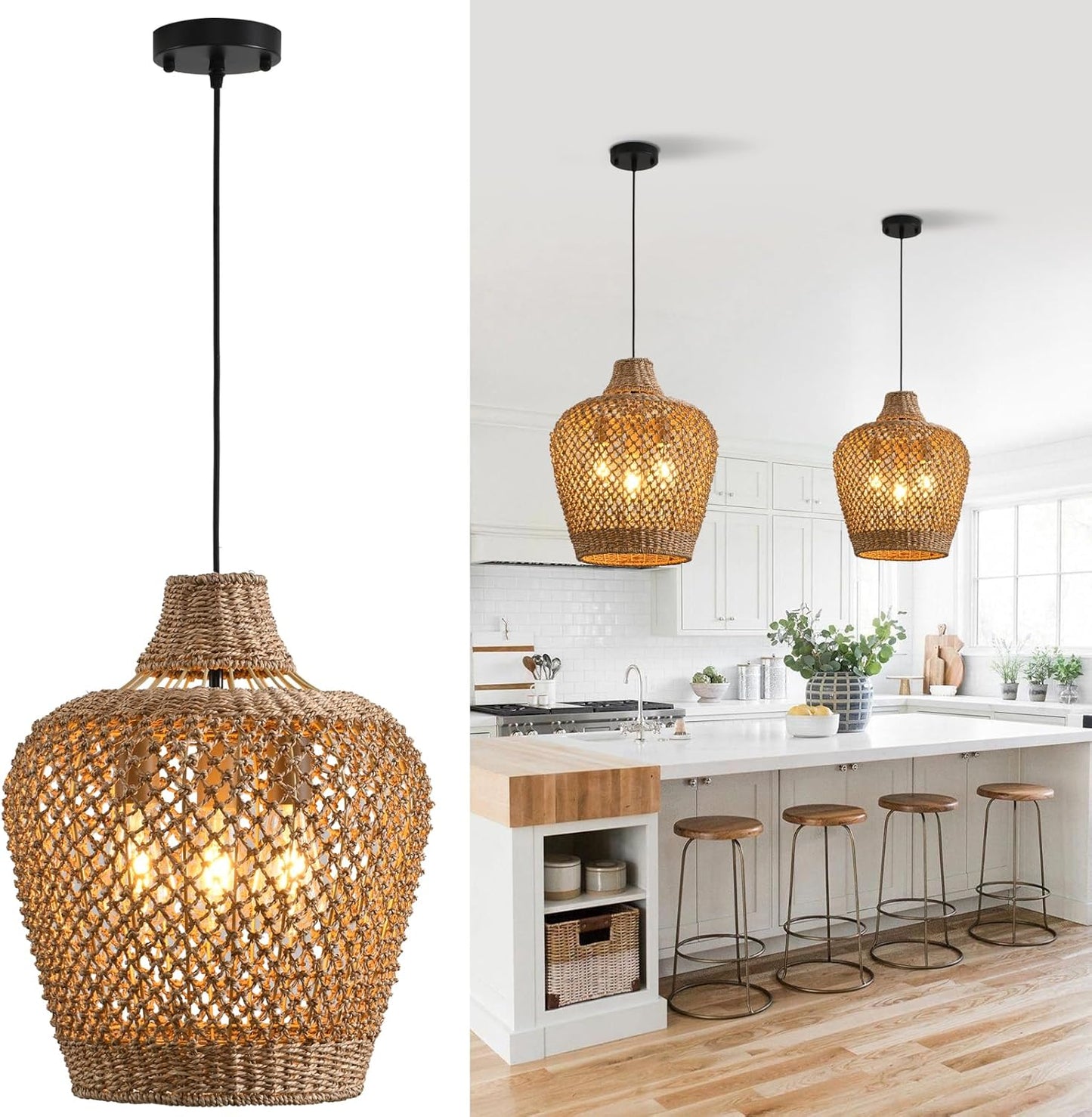 Rattan Pendant Light Fixtures,11.81" Boho Pendant Light,2-Pack Hand Woven Water Plants Rattan Chandelier for Workplace Occasions Restaurants Dining Living Bedroom Kitchen Farmhouse
