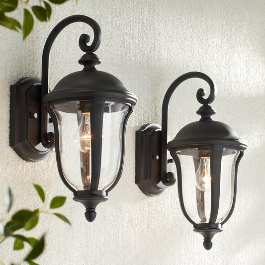 John Timberland Park Sienna Vintage Outdoor Wall Light Fixtures Set of 2 Black Metal Scrolling Downbridge Arm 16 3/4" Clear Glass for Exterior Barn Deck House Porch Yard Patio Outside Garage