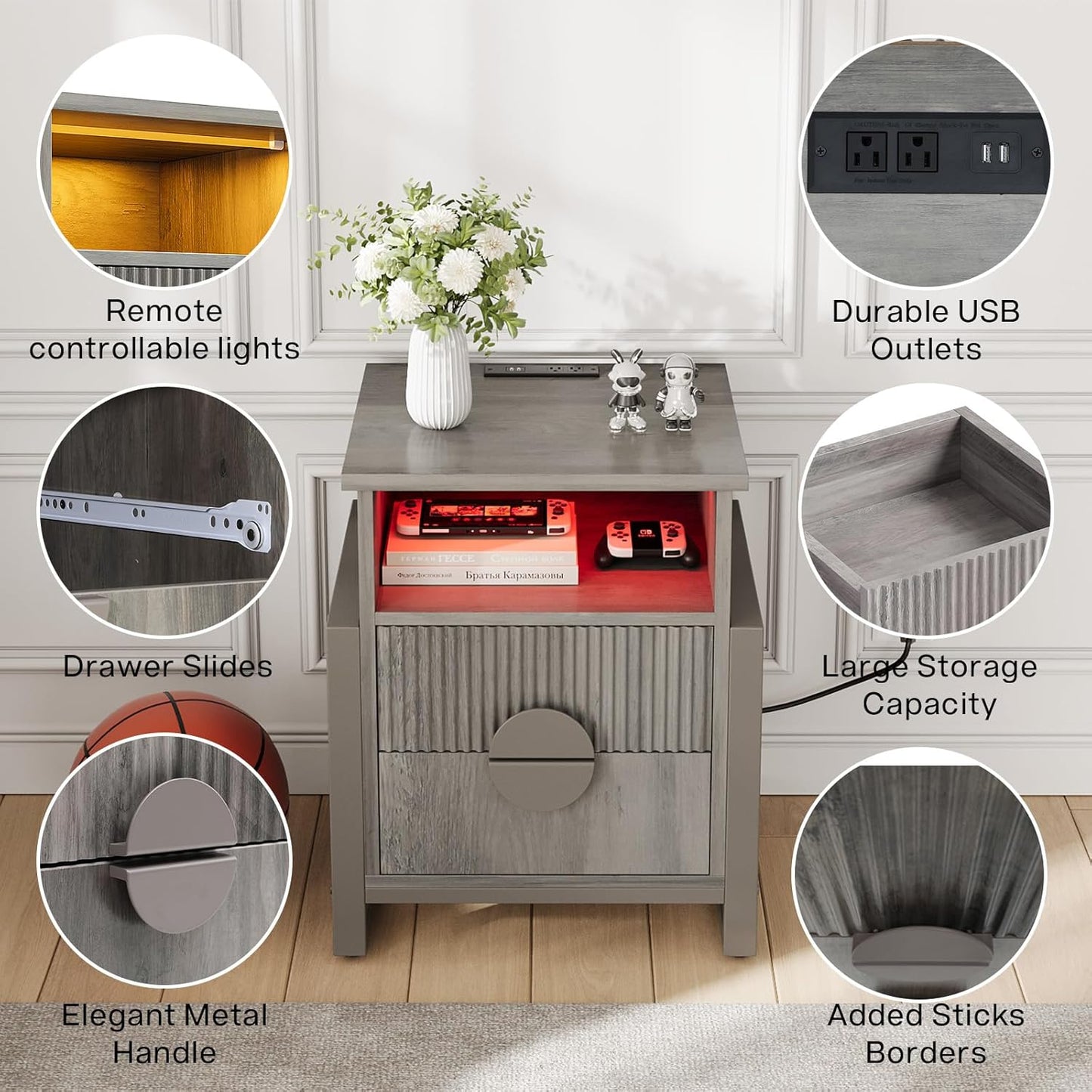 LGHM Fluted Nightstand Set of 2 with Charger Station, Strip Lights,Night Stand with 2 Drawers, Accent Bed Side Table and End Table,Curved Profile Design, Raising H Legs for Bedroom, Living Room,Gray