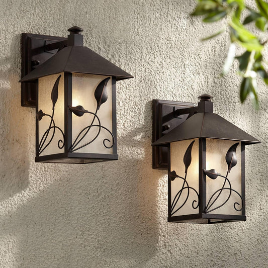 Franklin Iron Works French Garden Rustic Farmhouse Natural Cottage Outdoor Wall Light Fixtures Set of 2 Bronze Metal Lantern 10 1/2" Clear Seedy Glass Shade Post Exterior Barn Deck House Home Porch